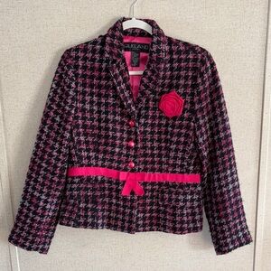 SilkLand Silk Blend Tweed Blazer 10P Pink Black Ribbon Waist Bow Coquette Chic